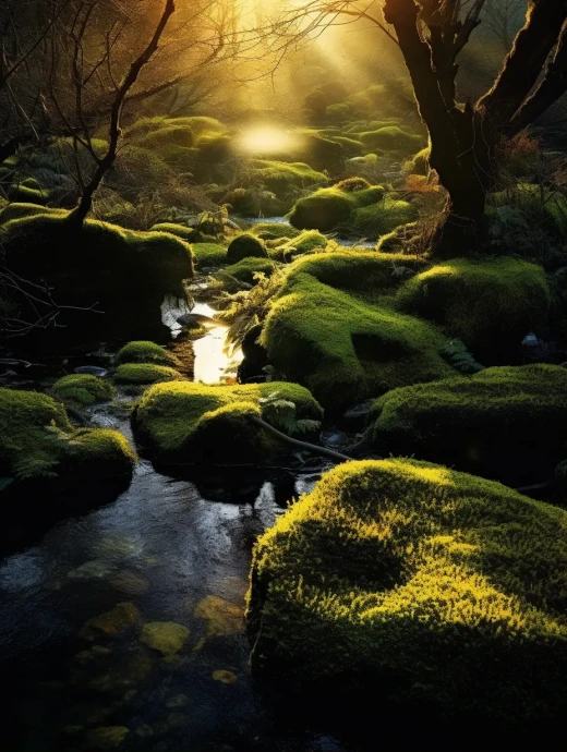 黄昏时分，苔藓在暮光中闪耀；分辨率：Adobe RGB；令人惊叹的细节；全景照片；中国水墨画；长焦镜头；充满细节；高动态范围照片——ar 3:4。