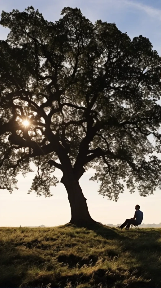 一个男子坐在橡树下的剪影，夏日清晨，近距离特写，欧洲自然光线——无插图——ar 9:16——v 5.2