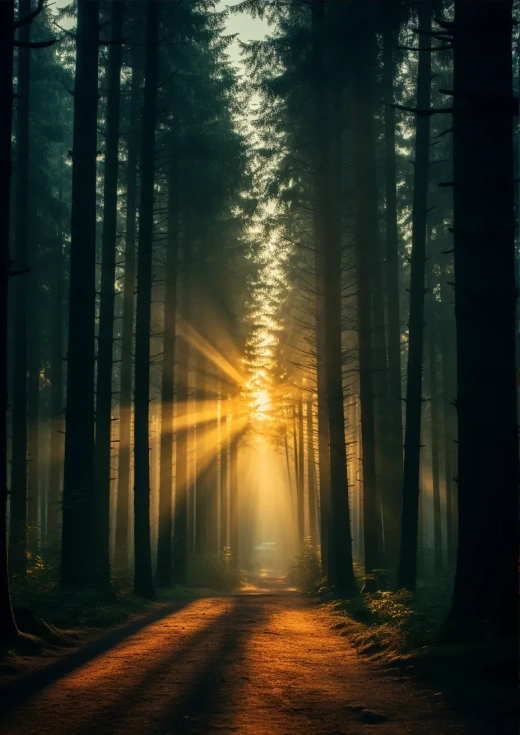 阳光透过树梢的森林，自然魅力与宁静氛围