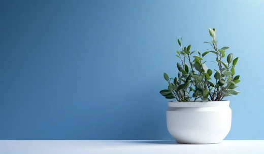 綠色植物裝滿白色容器，藍色墻壁極簡風格背景，環(huán)境意識，活潑的畫卷，濕芯，booru，理光R1 - AR 17:10