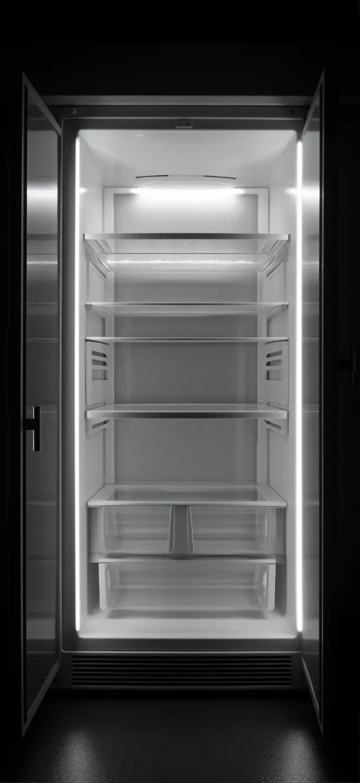 空冰箱门敞开，模糊透明风格，包豪斯实用设计，RTX开启，野性核心，1000-1400年CE，伊尔福德平400，收藏与展示模式——AR 59:128。