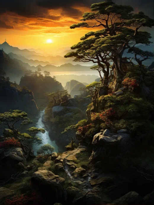 夕陽在黑暗中照在苔蘚