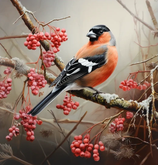 冬季枝头的胖红雀，写实主义画家风格，浅红与深灰，酸浆果色，浅红与黑色，生动逼真，色彩丰富，草原主题。