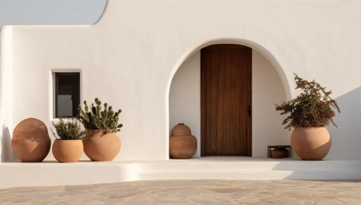 白色房子前仙人掌，极简风格，土色调，拱形门道，极简陶瓷，木材，极简细节，地中海风格