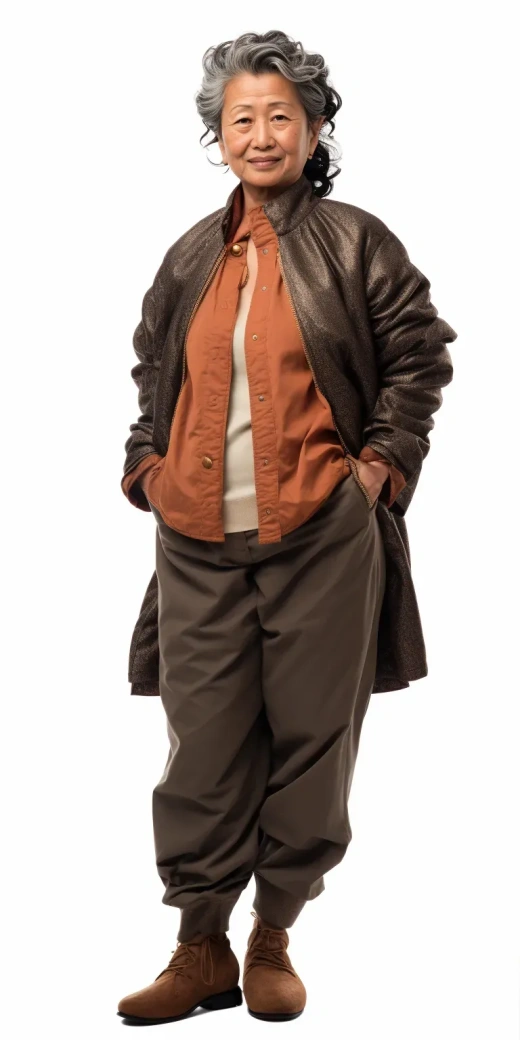50岁中国妇女：金耳环、皱纹衣、暖色绣花夹克、棕棉裤、卷发、老人鞋，纯白背景，摄影作品（全身特写），正面视角，8K超高清分辨率