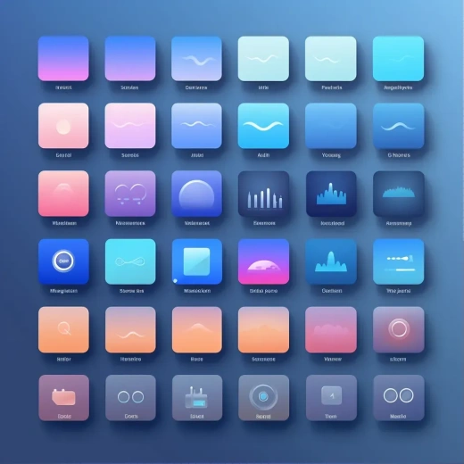 精美2D/3D矢量插图：适用于仪表盘应用的UI图标集，蓝色调，低调/鲜艳色彩，实色/渐变，纹理包括浮雕/磨砂纸/玻璃/光滑/哑光，高分辨率，简约/真实/精细细节，一致设计，适用于iPhone和iOS，Apple风格，获奖作品，可在Figma、Behance、Pinterest、Dribble查看4K高清大图。