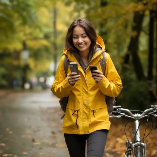 20岁亚洲女孩秋日骑行，手机拍照笑颜如花