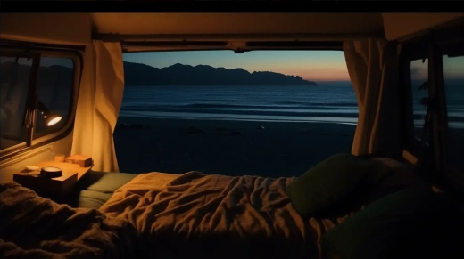 从露营车窗外看，夜晚海滩，高清8K DSLR拍摄，锐利焦点，超真实感——16:9宽屏
