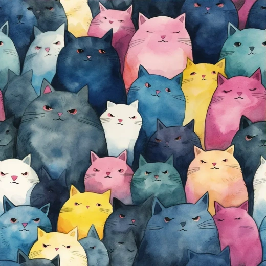 蓝粉黄色彩的胖猫们，像Totoro一样站在人群中的吉卜力风格漫画水彩画