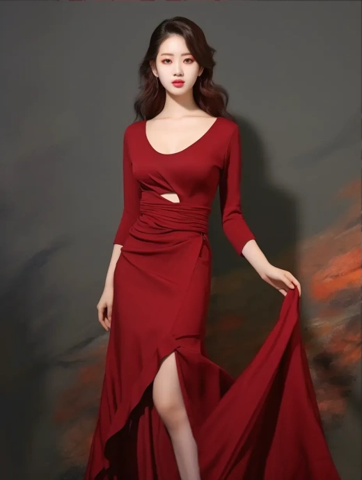 一名韩国女子身穿红色长裙拍照
