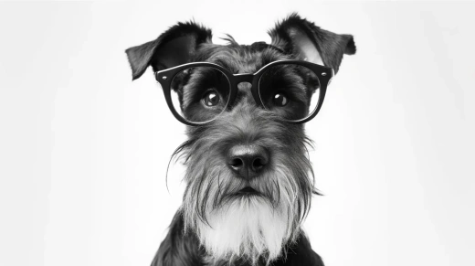 快乐的苏格兰梗犬戴眼镜仰望，白色背景孤立拍摄，照片逼真 -- 16:9 -- s 50