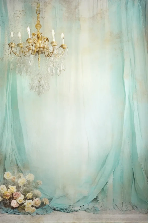 梦幻水彩仙境：碎纸背景中的复古窗帘与蕾丝舞者，金黄古董吊灯与古旧相框