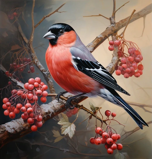 冬季枝头的胖红雀，写实主义画家风格，浅红与深灰，酸浆果色，浅红与黑色，生动逼真，色彩丰富，草原主题。