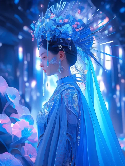 未來科技下的唐朝美女與八卦圖投影