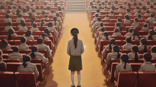 女裁判臺上觀摩學生彩鉛畫講解，16:9比例
