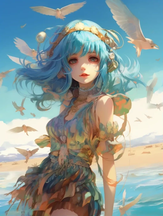 藍發(fā)少女在海灘上翩翩起舞，可愛迷人的風格