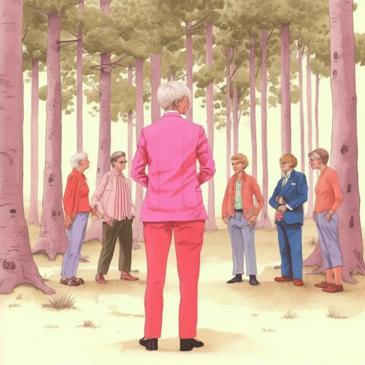 一个穿着粉衬衫红裤子的男子在森林里与一位年迈的老妇人相依为命