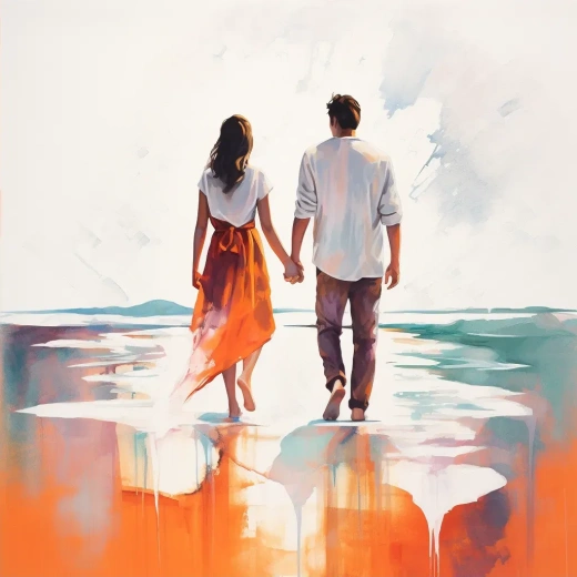 情侣之间的距离：抽象艺术描绘，白衬衫男子与长橙色披肩女子，鲜艳插图，现代风格，1:1比例，5.2版本
