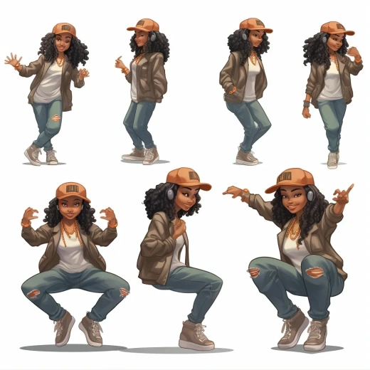 Kawai Hip-Hop風格女性角色插畫，手插口袋，躍然紙上的舞蹈動作