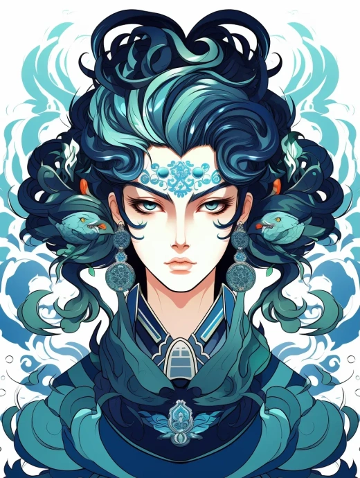 邪惡火鳳凰雄性夸張表情：深藍與翡翠風格中國傳統極簡主義插畫