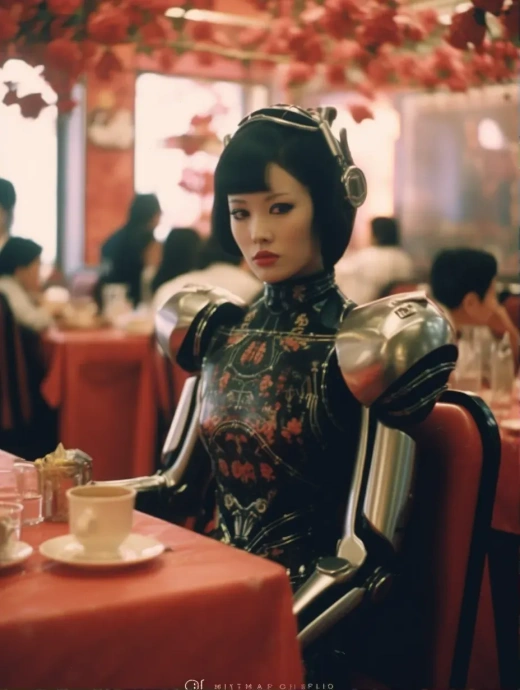 《20世纪80年代中国：美丽机器人与人类美女共进晚餐》