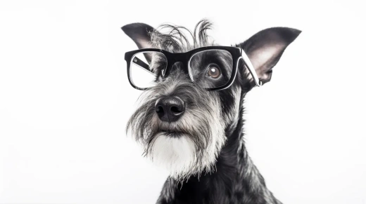 快乐的苏格兰梗犬戴眼镜仰望，白色背景孤立拍摄，照片逼真——16:9比例——s50