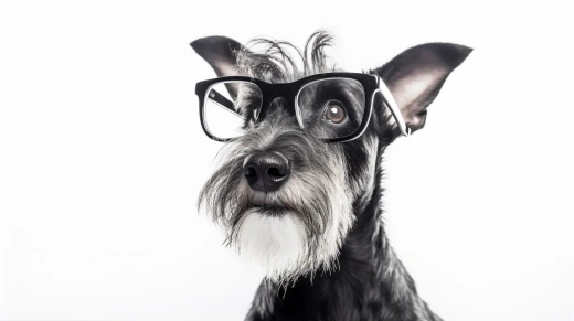 快樂的蘇格蘭梗犬戴眼鏡仰望，白色背景孤立拍攝，照片逼真——16:9比例——s50