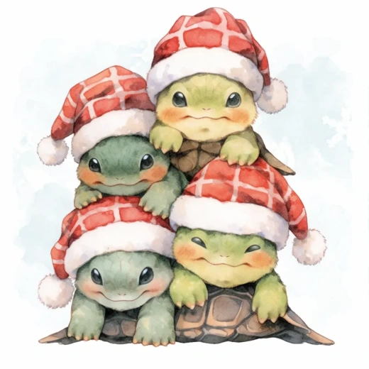 可爱的小海龟涂水彩，戴着圣诞帽，快乐地在白色背景上嬉戏