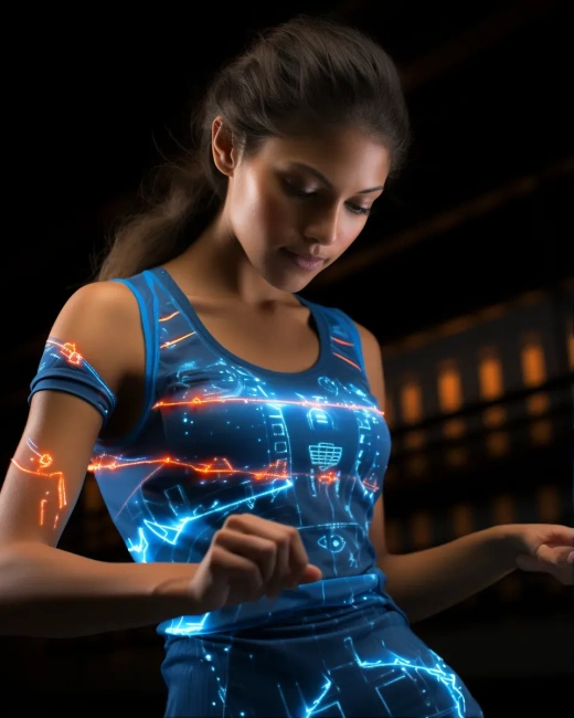 高科技体育赛事中，模特穿着智能全息运动装备的照片。服装随着她的动作和比赛强度而变化，展示出代表体育世界速度、敏捷和能量的动态全息视觉效果。