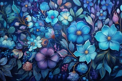 蓝色花卉图案花园油画，手绘——AR 3:2