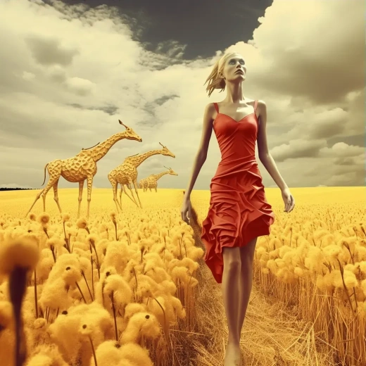 1910年代超现实主义：17岁少女漫步田野，红裙飘逸，背景奇异梦幻