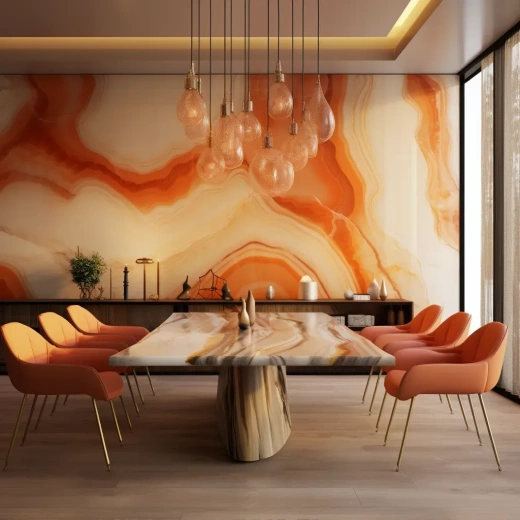 现代豪华餐厅：橙玉髓墙面设计