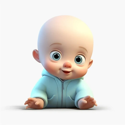 3个月大的3D宝宝，头发稀疏，眼睛棕色，穿着浅蓝衣服，细节丰富逼真的古风设计