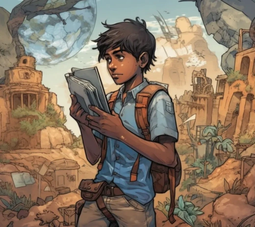 漫画与线条融合的全自然色彩：少年阿比丁与考古学家、生存主义者及科技研究员的邂逅。