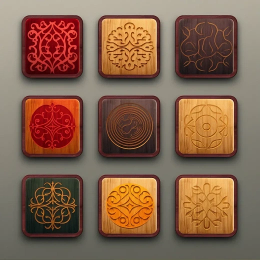 简约波斯传统模板：木制设计品牌Instagram页面，双色搭配（灰、黄/红/绿），现代独特风格，原始S250款。