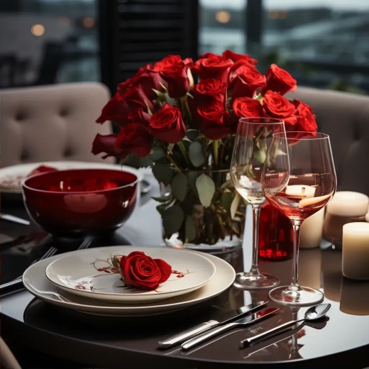 时尚餐厅：红心形盘子搭配鲜花与香槟杯，现代风格250款餐桌设置