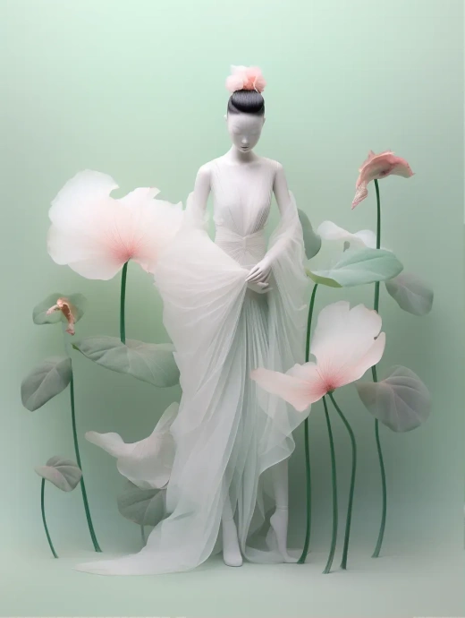 3D結構插圖：古典形式的重新想象，白色光綠色與粉色的非對稱構圖，極簡主義氛圍，霧氣中的舞妓、荷花和鶴
