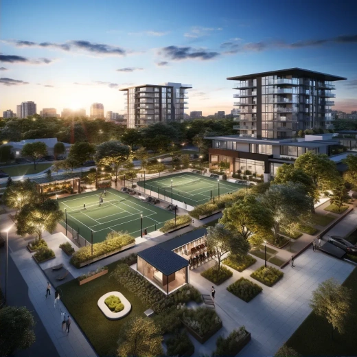 3D鸟瞰渲染：足球场、网球场及周边公寓楼