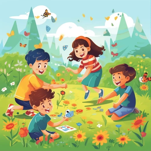色彩斑斓的游戏场景：现代扁平插画描绘的孩子们在草地上玩耍