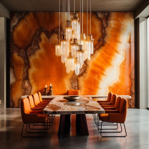 现代豪华餐厅：橙玉髓墙面设计