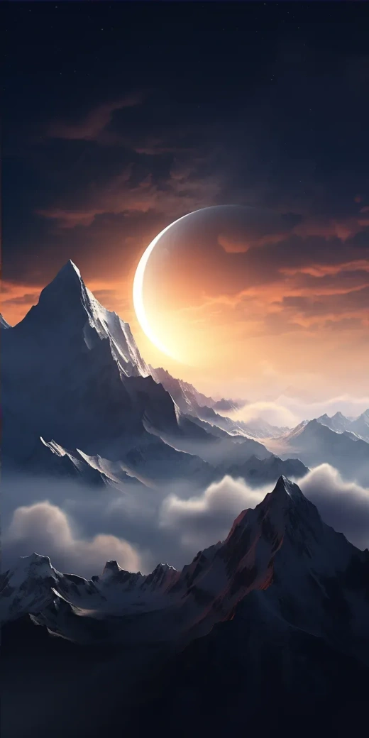 月亮升起于山脊之上，以德米特里·罗尔兰德、马克西米利安·皮尔纳的风格呈现，自然现象与UHD图像相结合，安东尼·法捷耶夫的光影白与琥珀色，逼真的拼贴画——AR 1:2。
