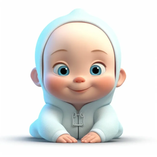 3个月大的宝宝，抬头微笑，身穿浅蓝衣物，毛发稀疏，棕色眼睛，白色背景，详细角色设计风格，高逼真度，采用--风格原始素材。