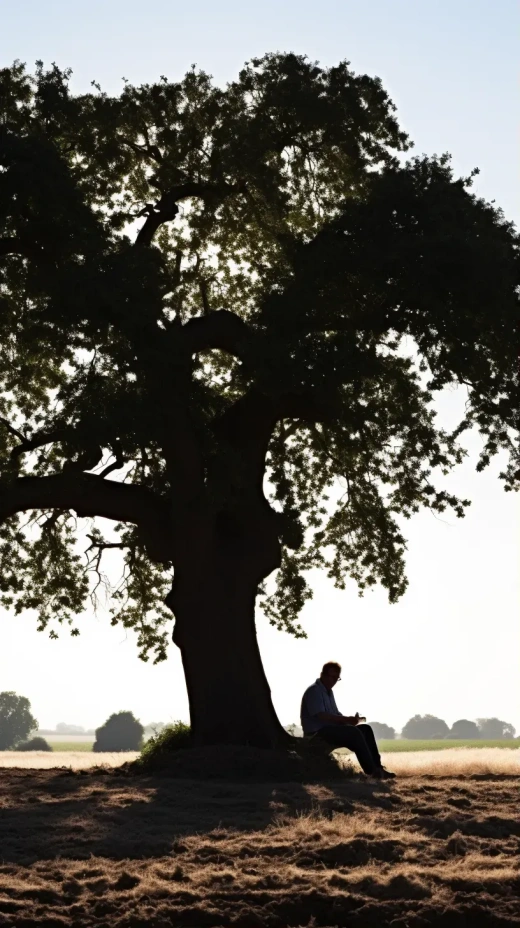 一个男子坐在橡树下的剪影，夏日清晨，近距离拍摄，欧洲，自然光线——无插图——ar 9:16——v 5.2