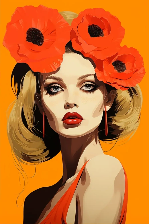 复古波普风格的橙色女孩，头发中插着罂粟花，时尚插画