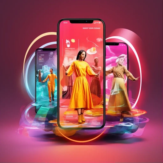 時尚循環：共享二手服裝UI設計，高科技iPhone14a風格，2D游戲藝術風格，充滿活力的霓虹色彩，保羅·皮萊爾，大膽多彩肖像，分層手勢，漸變色，偽紅外——無骷髏。
