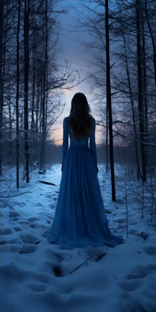 冬日雪景：神秘丛林与超高清女子连衣裙摄影