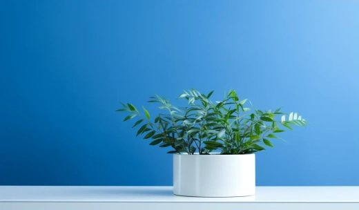 绿色植物装满白色容器，蓝色墙壁极简风格背景，环境意识，活泼的画卷，湿芯，booru，理光R1 - AR 17:10