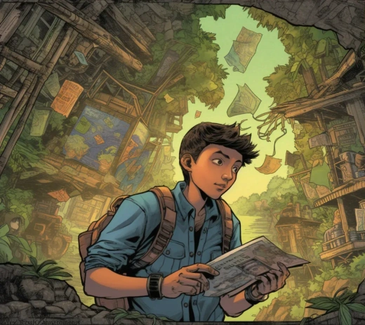 漫画与线条融合的全自然色彩：少年阿比丁与考古学家、生存主义者及科技研究员的邂逅。