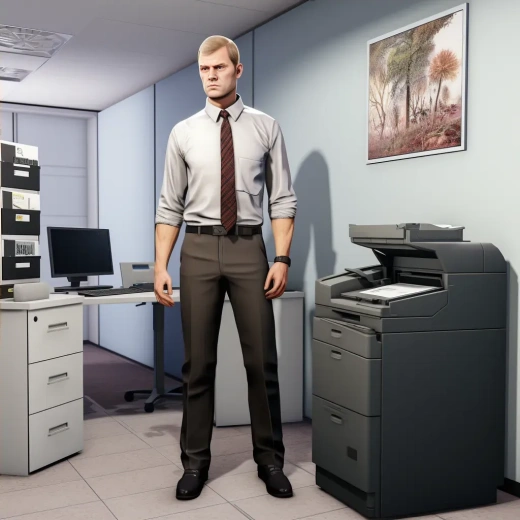 邪恶俄罗斯CEO：身材高挑，面容威严，穿着正式服装站在办公室，旁边有传真机。