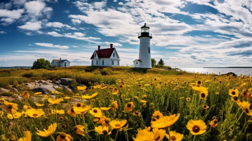 在康涅狄格州拍摄的阳光花田与和平标志灯塔的广角镜头